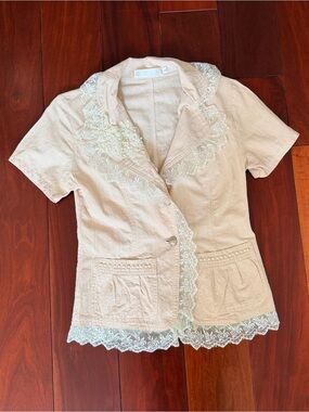 Beige Lace-Trim Button Front Short Sleeve Jacket
